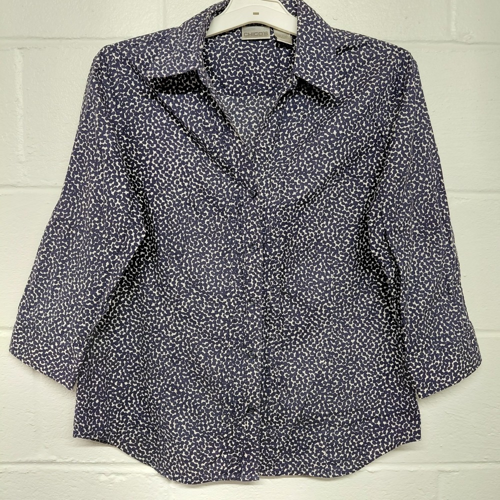 Chicos Navy Blue Button Up Collared Size 1 L 3/4 Sleeve Spotted Career Coastal